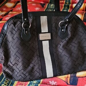 Tommy Hilfiger Black and White Stripe Shoulder Satchel